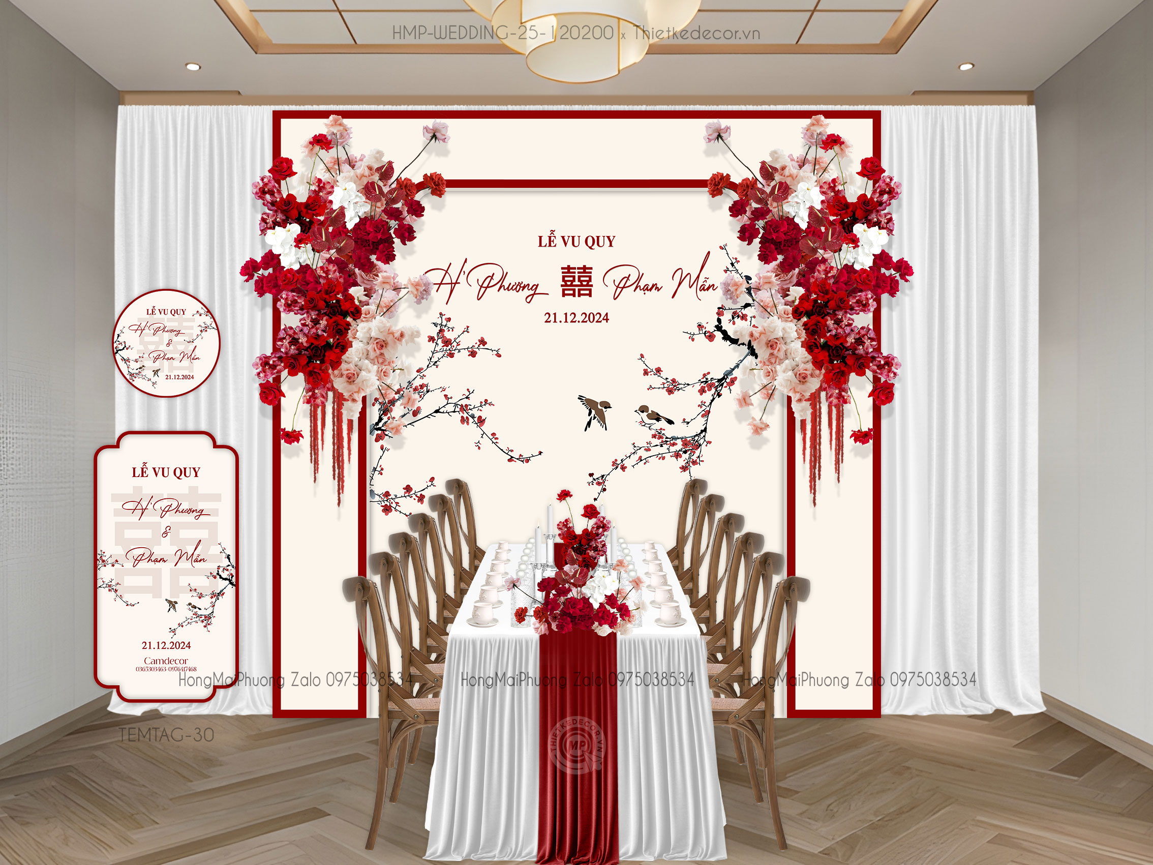 Gia tiên tone đỏ kem họa tiết cành đào kèm tem nước và tag bàn